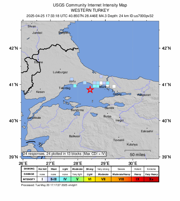 USGS DYFI community-reported intensity map for the M4.3 earthquake near 19 km SSW of Kumburgaz, Turkey