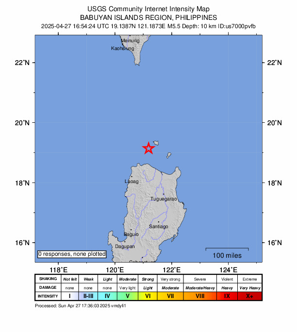 USGS DYFI community-reported intensity map for the M5.5 earthquake near 66 km N of Claveria, Philippines