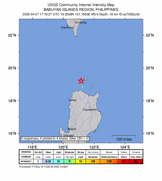 USGS DYFI community-reported intensity map for the M5.6 earthquake near 65 km N of Namuac, Philippines