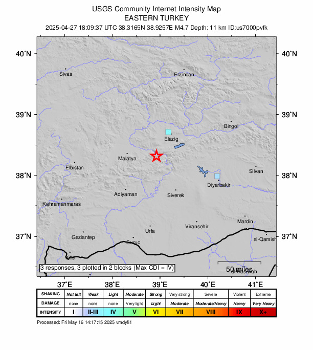 USGS DYFI community-reported intensity map for the M4.7 earthquake near 9 km W of Doğanyol, Turkey