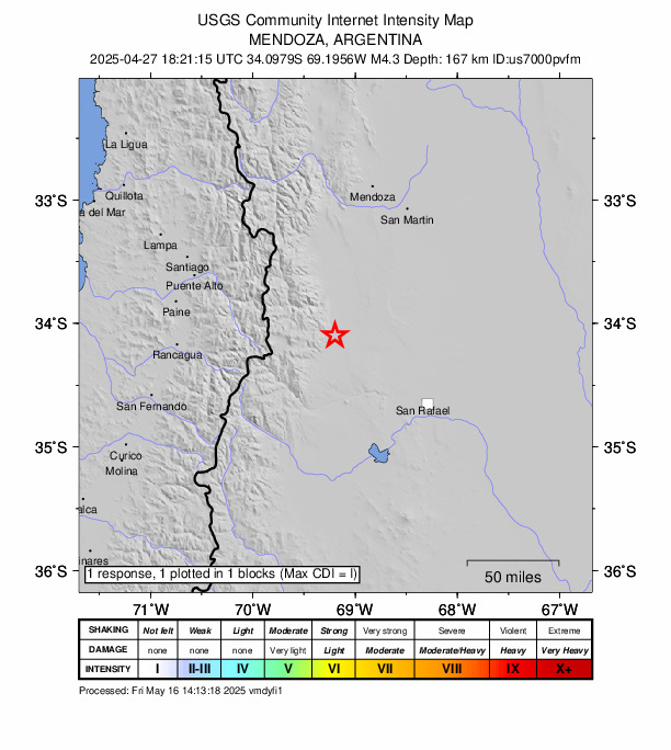 USGS DYFI community-reported intensity map for the M4.3 earthquake near 98 km NW of San Rafael, Argentina