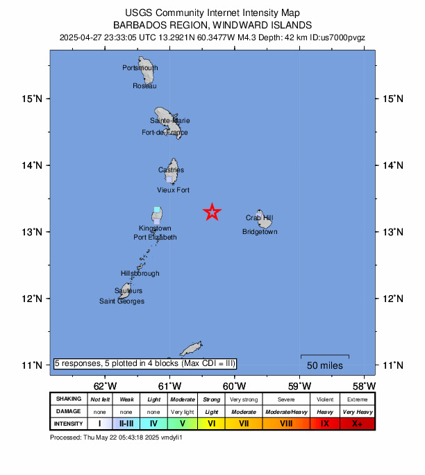 USGS DYFI community-reported intensity map for the M4.3 earthquake near 76 km W of Speightstown, Barbados