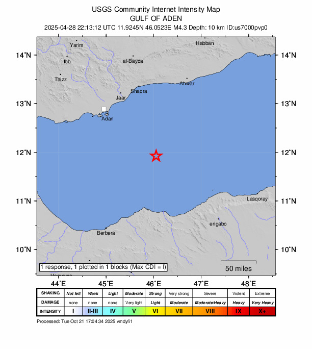 USGS DYFI community-reported intensity map for the M4.3 earthquake near 145 km SE of Aden, Yemen