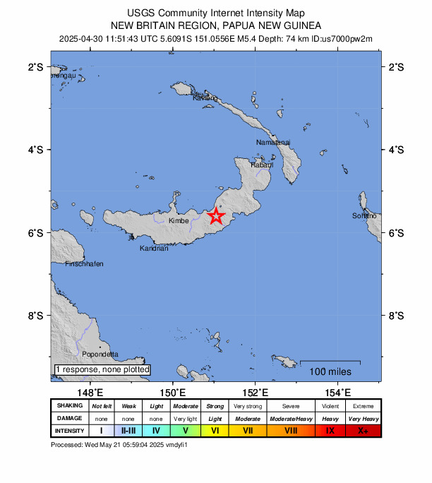 USGS DYFI community-reported intensity map for the M5.4 earthquake near 101 km E of Kimbe, Papua New Guinea