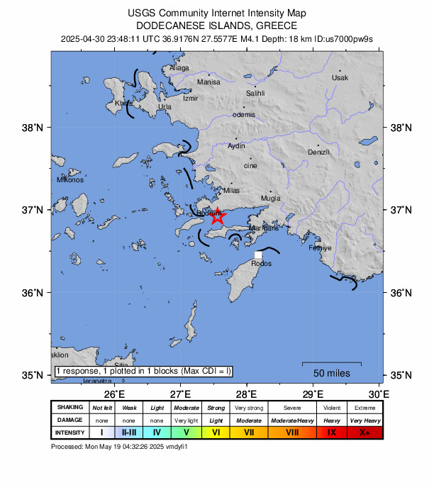 USGS DYFI community-reported intensity map for the M4.1 earthquake near 17 km SE of Bodrum, Turkey