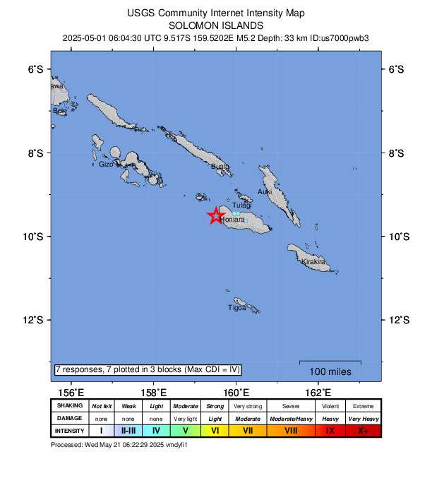 USGS DYFI community-reported intensity map for the M5.2 earthquake near 29 km NW of Malango, Solomon Islands