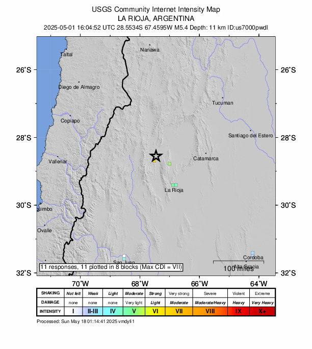 USGS DYFI community-reported intensity map for the M5.4 earthquake near 56 km S of Tinogasta, Argentina