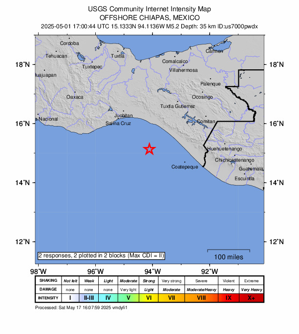 USGS DYFI community-reported intensity map for the M5.2 earthquake near 104 km SW of Manuel Ávila Camacho (Ponte Duro), Mexico