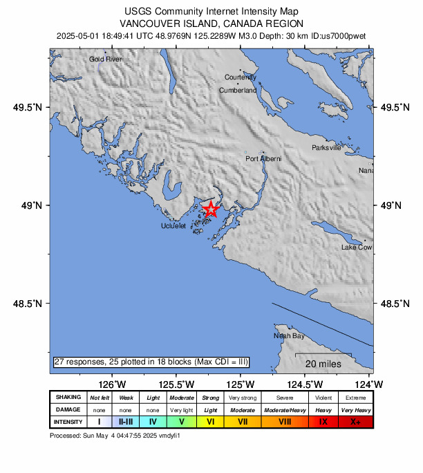 USGS DYFI community-reported intensity map for the M3.0 earthquake near 19 km E of Ucluelet, Canada