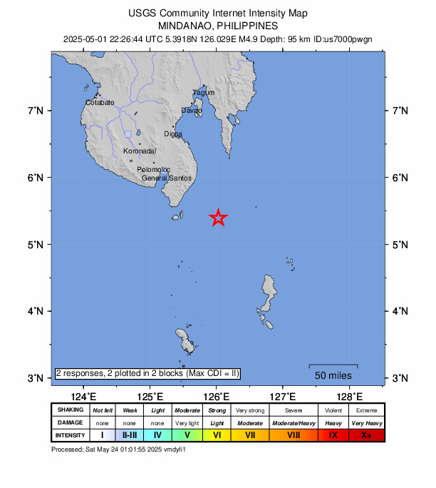 USGS DYFI community-reported intensity map for the M4.9 earthquake near 62 km E of Sarangani, Philippines