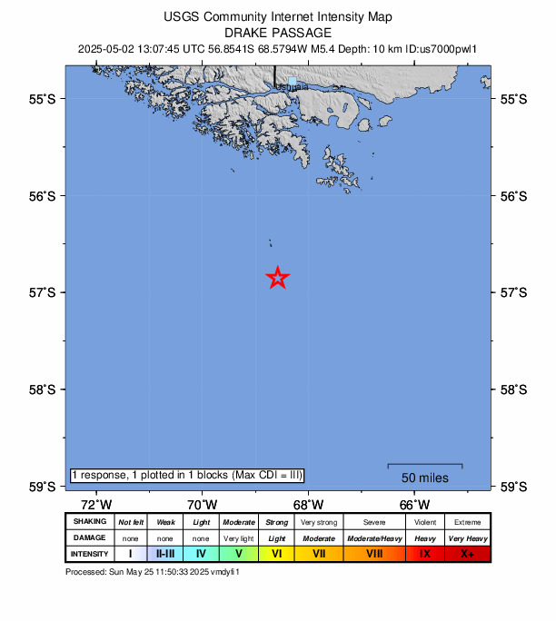 USGS DYFI community-reported intensity map for the M5.4 earthquake near 228 km S of Ushuaia, Argentina