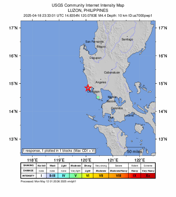 USGS DYFI community-reported intensity map for the M4.3 earthquake near 9 km S of San Antonio, Philippines