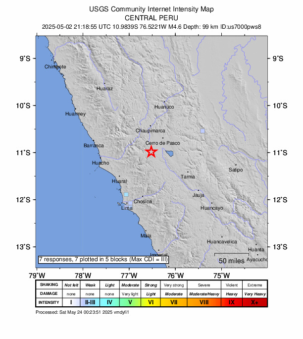 USGS DYFI community-reported intensity map for the M4.6 earthquake near 24 km E of Jucul, Peru