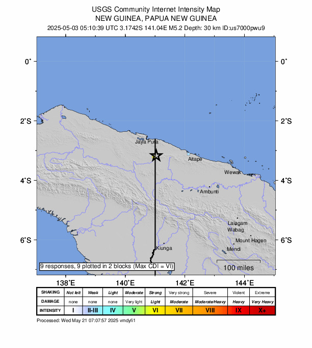 USGS DYFI community-reported intensity map for the M5.2 earthquake near 62 km SSW of Vanimo, Papua New Guinea