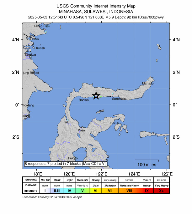 USGS DYFI community-reported intensity map for the M5.9 earthquake near 158 km W of Gorontalo, Indonesia