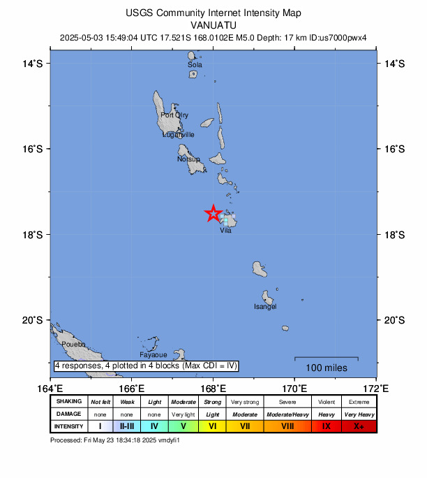 USGS DYFI community-reported intensity map for the M4.9 earthquake near 43 km NW of Port-Vila, Vanuatu