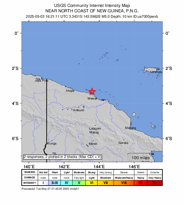 USGS DYFI community-reported intensity map for the M5.0 earthquake near 23 km N of Wewak, Papua New Guinea