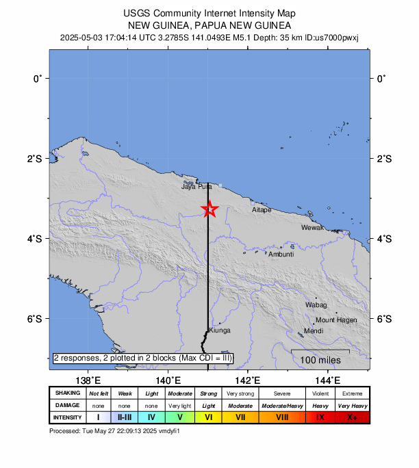 USGS DYFI community-reported intensity map for the M5.1 earthquake near 70 km SSW of Vanimo, Papua New Guinea