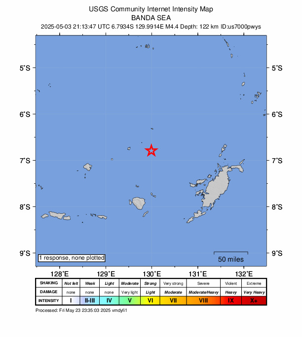USGS DYFI community-reported intensity map for the M4.4 earthquake near Banda Sea