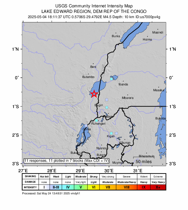 USGS DYFI community-reported intensity map for the M4.5 earthquake near 39 km NNW of Ntungamo, Uganda