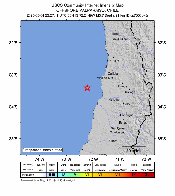 USGS DYFI community-reported intensity map for the M3.7 earthquake near 60 km WNW of Cartagena, Chile