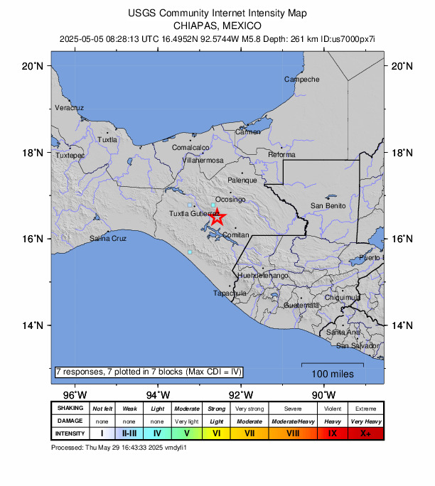USGS DYFI community-reported intensity map for the M5.8 earthquake near 5 km NNE of Nuevo León, Mexico