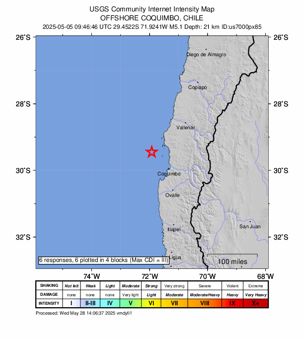 USGS DYFI community-reported intensity map for the M5.1 earthquake near 78 km NW of Coquimbo, Chile