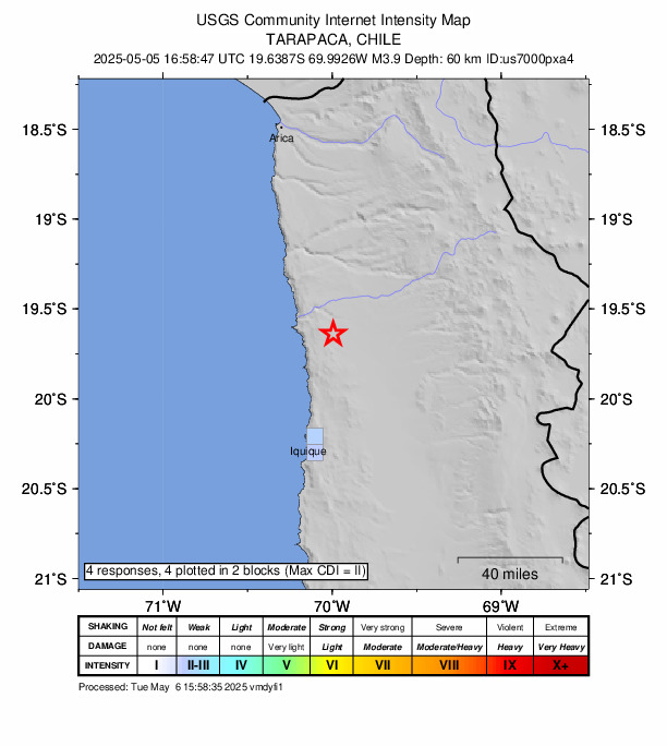USGS DYFI community-reported intensity map for the M3.9 earthquake near 45 km NNW of Huara, Chile
