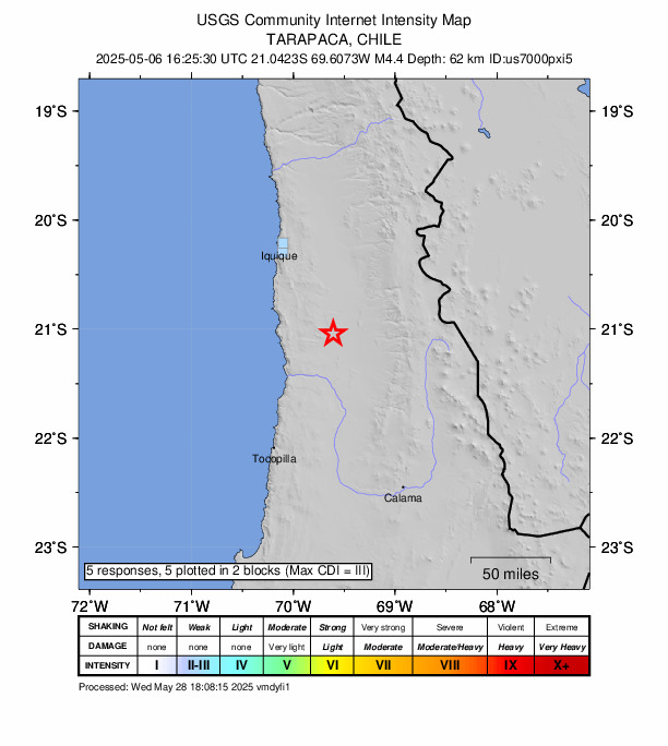 USGS DYFI community-reported intensity map for the M4.4 earthquake near 78 km S of La Tirana, Chile