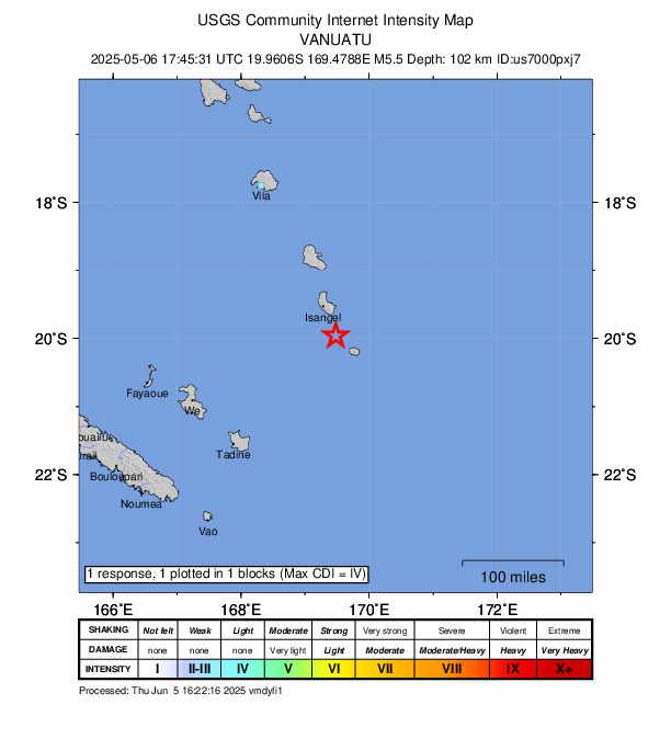 USGS DYFI community-reported intensity map for the M5.5 earthquake near 50 km SSE of Isangel, Vanuatu