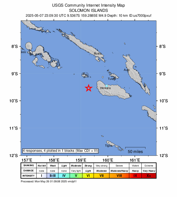 USGS DYFI community-reported intensity map for the M4.9 earthquake near 50 km WNW of Malango, Solomon Islands