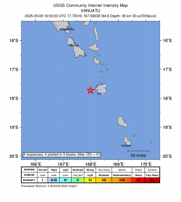 USGS DYFI community-reported intensity map for the M4.8 earthquake near 33 km W of Port-Vila, Vanuatu