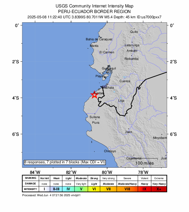 USGS DYFI community-reported intensity map for the M5.4 earthquake near 12 km NNW of Cañaveral, Peru