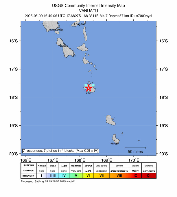 USGS DYFI community-reported intensity map for the M4.7 earthquake near 6 km NNE of Port-Vila, Vanuatu