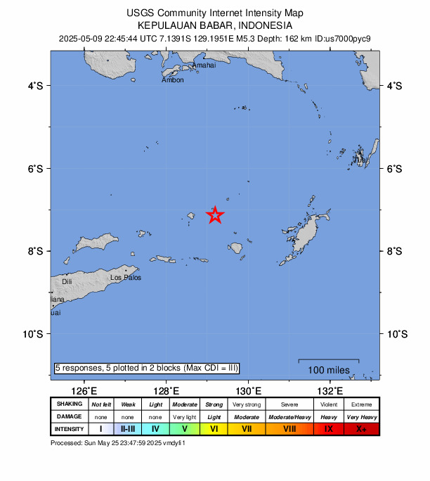USGS DYFI community-reported intensity map for the M5.3 earthquake near 286 km ENE of Lospalos, Timor Leste
