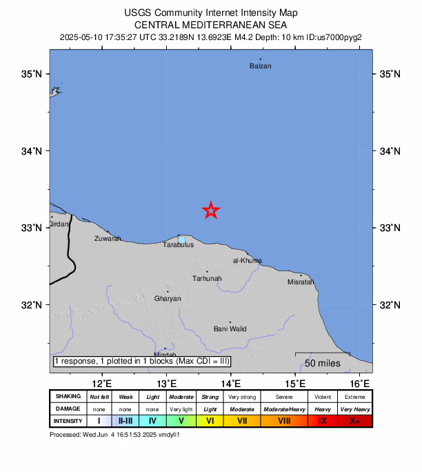 USGS DYFI community-reported intensity map for the M4.2 earthquake near 62 km NE of Tājūrā’, Libya