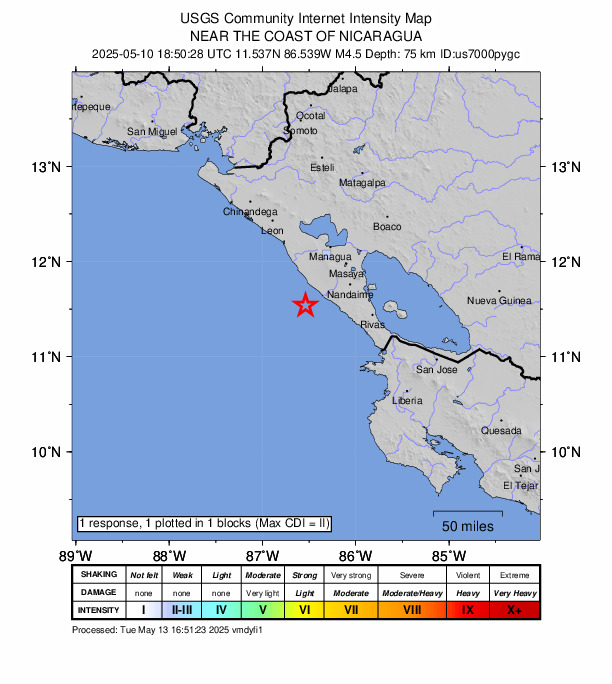 USGS DYFI community-reported intensity map for the M4.5 earthquake near 32 km S of Masachapa, Nicaragua