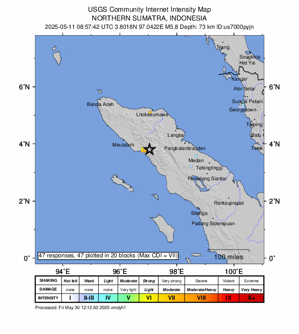 USGS DYFI community-reported intensity map for the M5.7 earthquake near 19 km ENE of Blangpidie, Indonesia