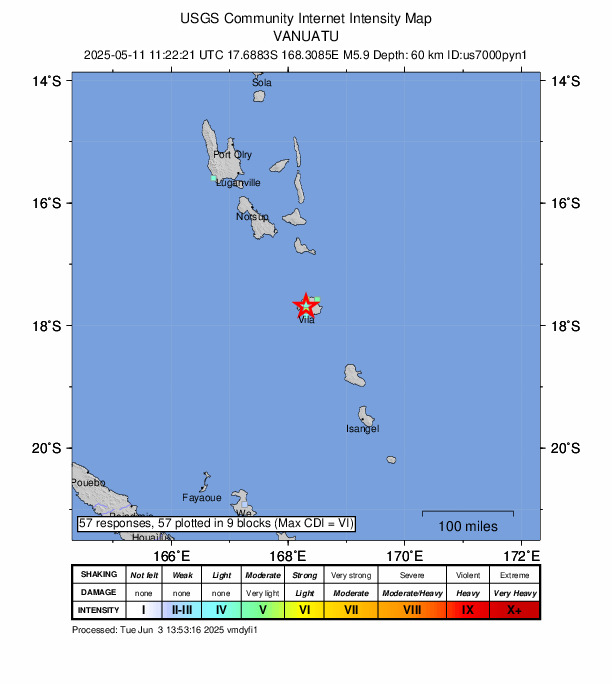 USGS DYFI community-reported intensity map for the M5.9 earthquake near 5 km N of Port-Vila, Vanuatu