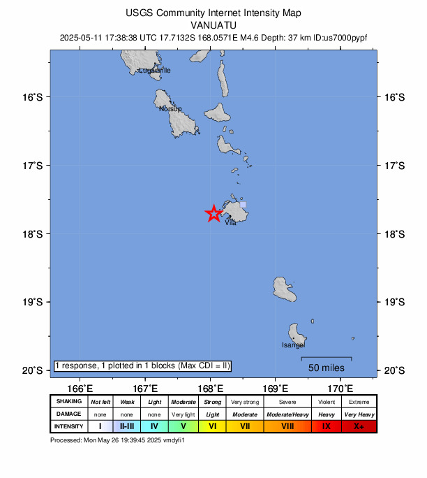 USGS DYFI community-reported intensity map for the M4.6 earthquake near 27 km W of Port-Vila, Vanuatu