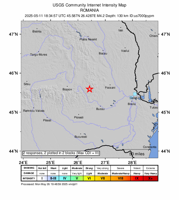 USGS DYFI community-reported intensity map for the M4.2 earthquake near 11 km N of Gura Teghii, Romania