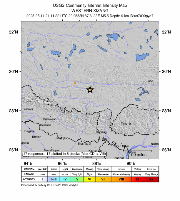 USGS DYFI community-reported intensity map for the M5.5 earthquake near 126 km W of Rikaze, China