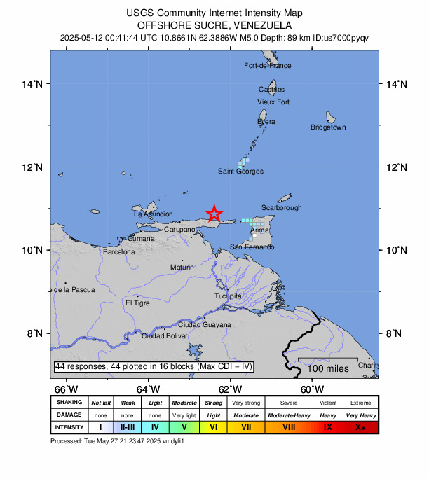 USGS DYFI community-reported intensity map for the M5.0 earthquake near 33 km NNW of Güiria, Venezuela