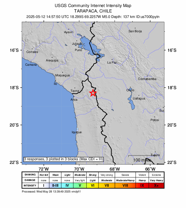 USGS DYFI community-reported intensity map for the M5.0 earthquake near 96 km WSW of Curahuara de Carangas, Bolivia