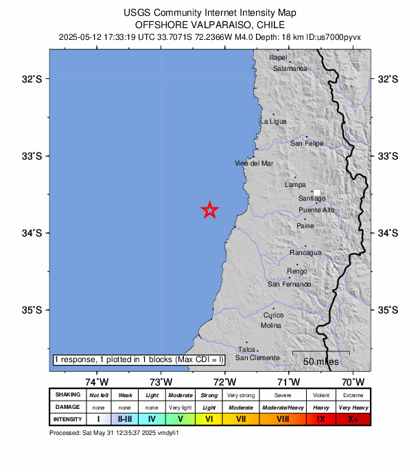 USGS DYFI community-reported intensity map for the M3.8 earthquake near 59 km WSW of San Antonio, Chile