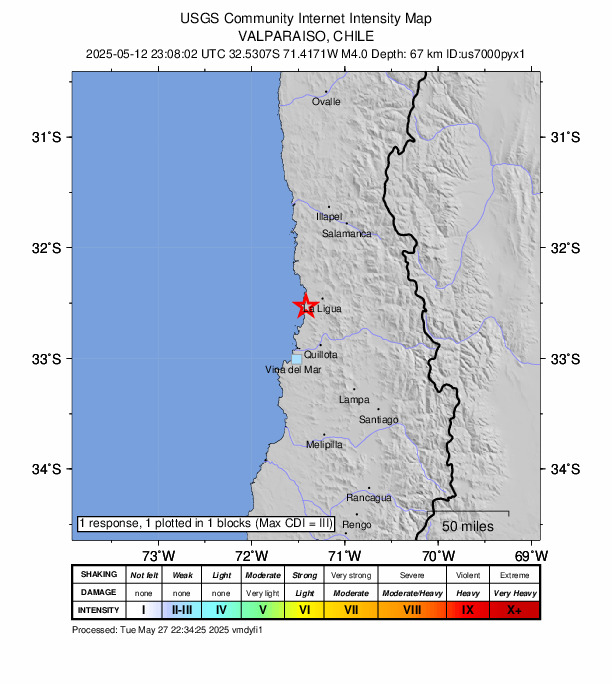 USGS DYFI community-reported intensity map for the M4.0 earthquake near 19 km WSW of La Ligua, Chile