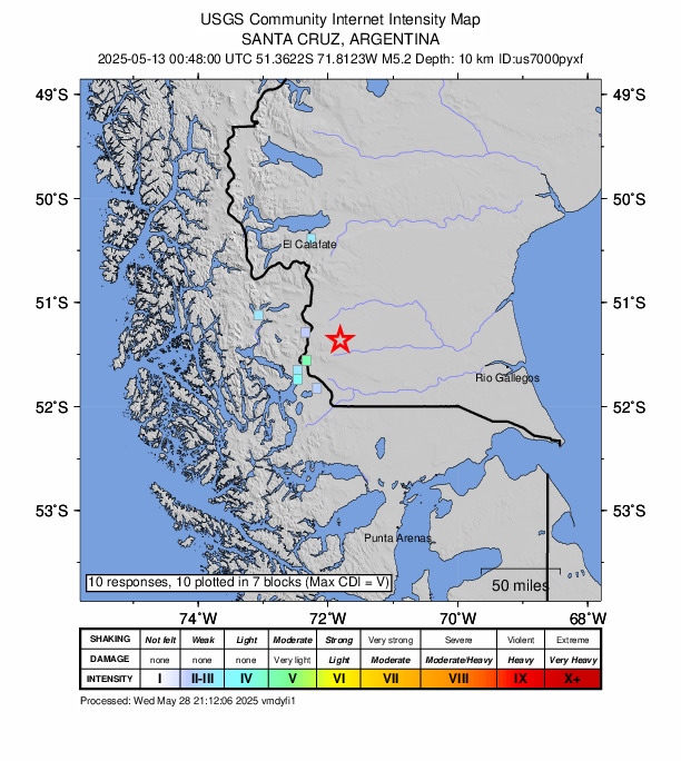 USGS DYFI community-reported intensity map for the M5.2 earthquake near 35 km NE of 28 de Noviembre, Argentina