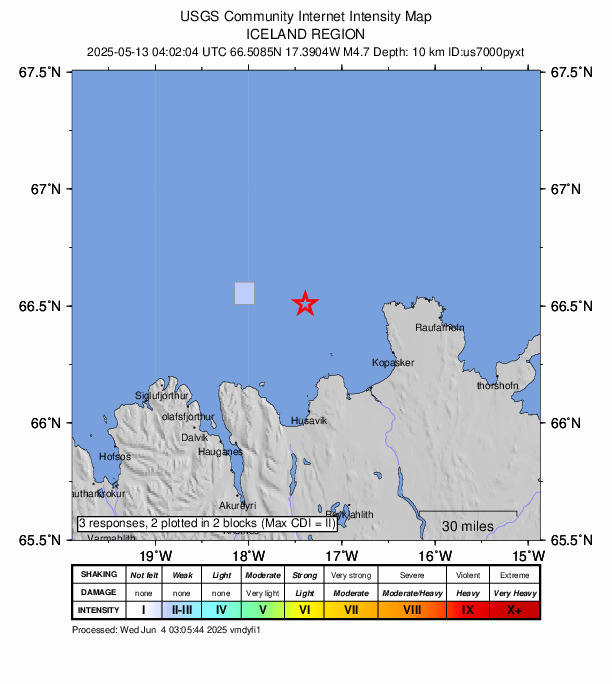 USGS DYFI community-reported intensity map for the M4.7 earthquake near 52 km N of Norðurþing, Iceland