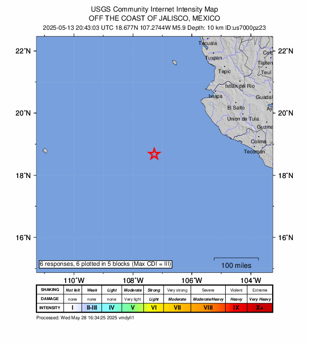 USGS DYFI community-reported intensity map for the M5.9 earthquake near 240 km SW of La Cruz de Loreto, Mexico