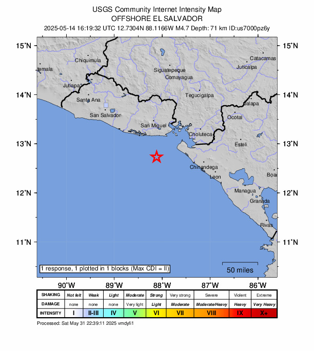 USGS DYFI community-reported intensity map for the M4.7 earthquake near 52 km S of Intipucá, El Salvador
